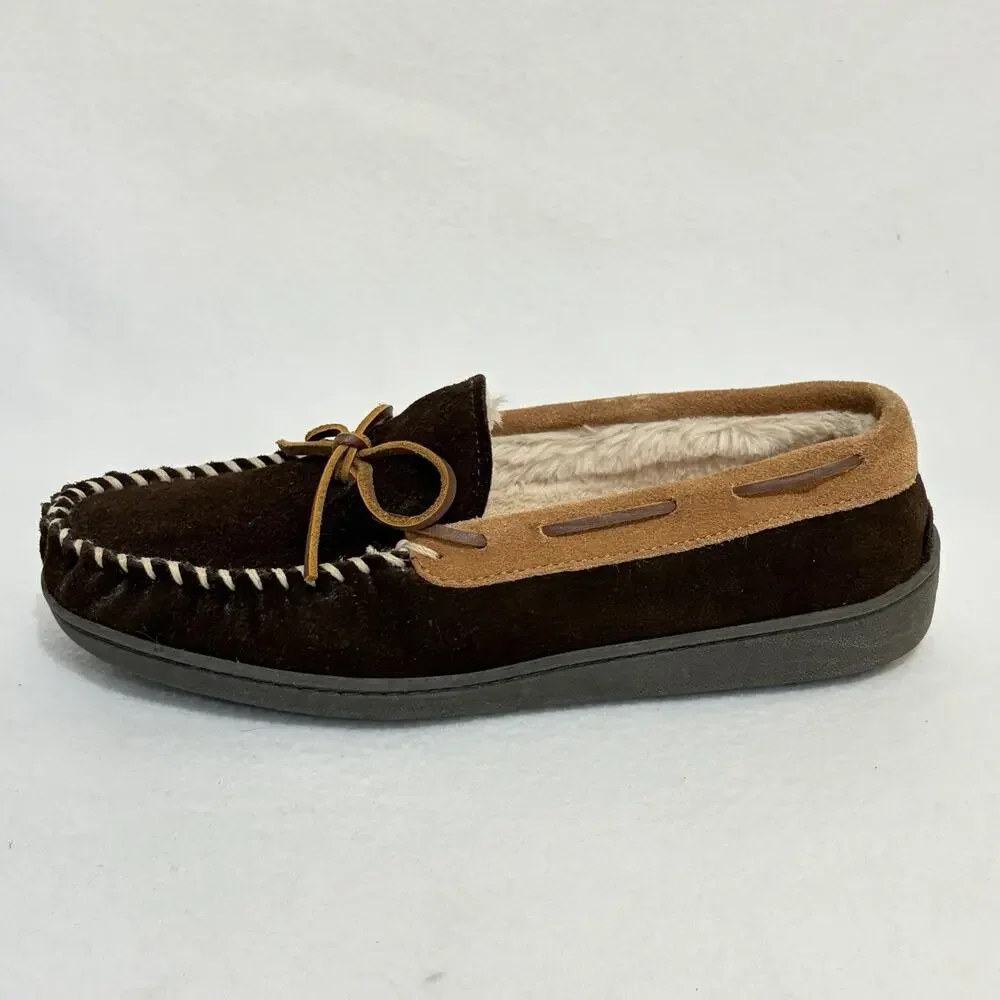 Minnetonka Slippers Mens 9 Pile Lined Hardsole Brown Leather Comfort House Shoes